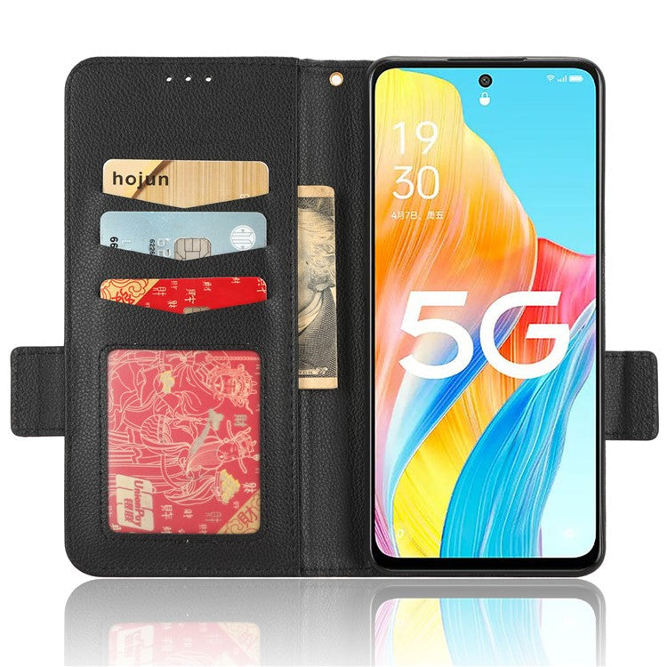 Phone Leather Case for Oppo A98 5G / F23 5G / A1 5G , Litchi Texture Wallet Stand Cell Phone Cover - Black