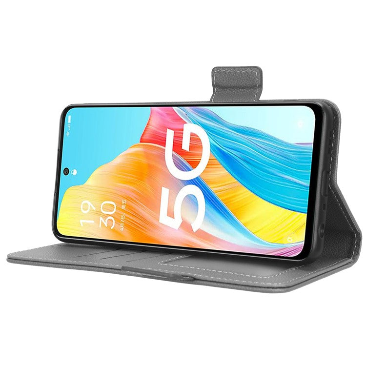 Phone Leather Case for Oppo A98 5G / F23 5G / A1 5G , Litchi Texture Wallet Stand Cell Phone Cover - Grey