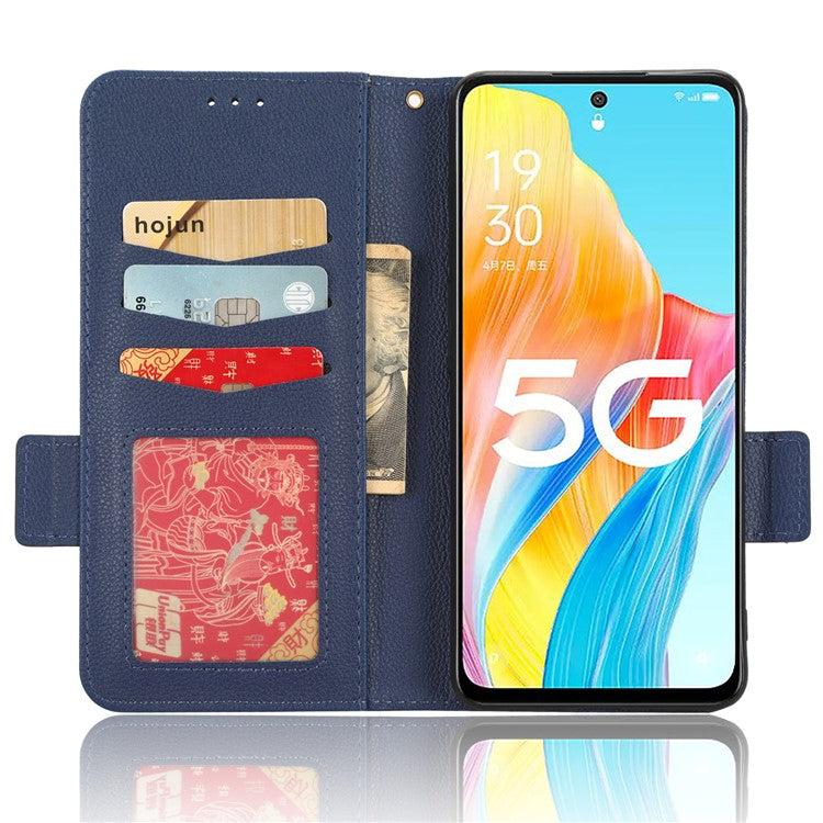 Phone Leather Case for Oppo A98 5G / F23 5G / A1 5G , Litchi Texture Wallet Stand Cell Phone Cover - Dark Blue
