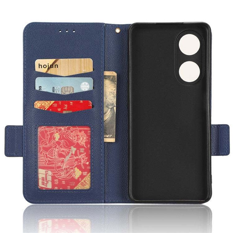 Phone Leather Case for Oppo A98 5G / F23 5G / A1 5G , Litchi Texture Wallet Stand Cell Phone Cover - Dark Blue
