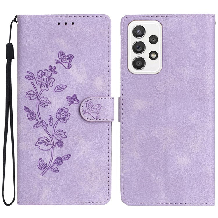 For Samsung Galaxy A53 5G Flower Imprint Anti-drop Phone Cover Leather Stand Case with Wallet - Purple
