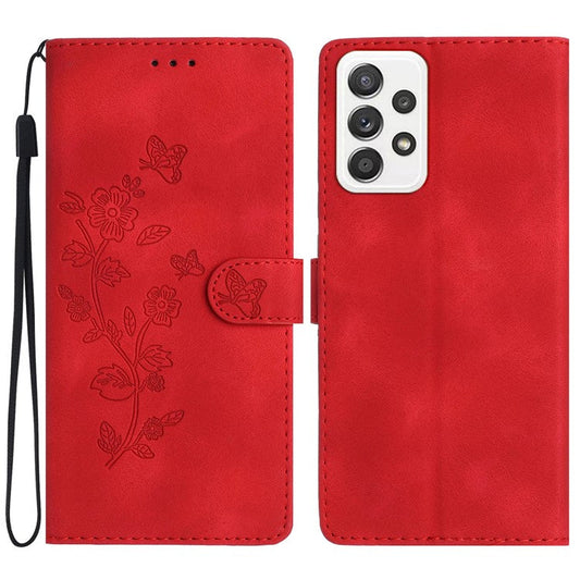 For Samsung Galaxy A32 4G (EU Version) Leather Phone Cover Flower Imprint Stand Case with Wallet - Red