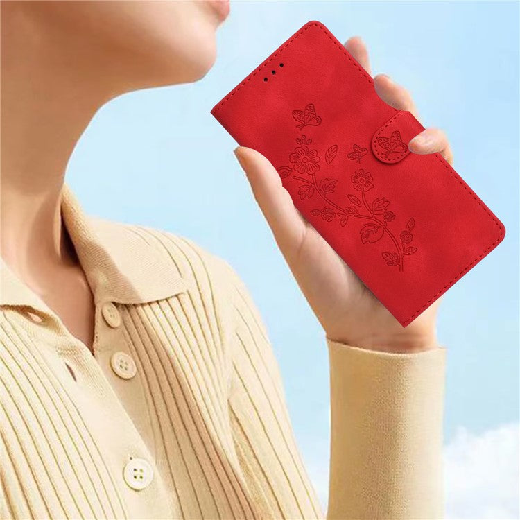For Samsung Galaxy A32 4G (EU Version) Leather Phone Cover Flower Imprint Stand Case with Wallet - Red