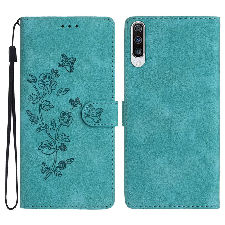 For Samsung Galaxy A70 Flower Imprint Wallet Phone Case Stand Leather Phone Cover - Sky Blue