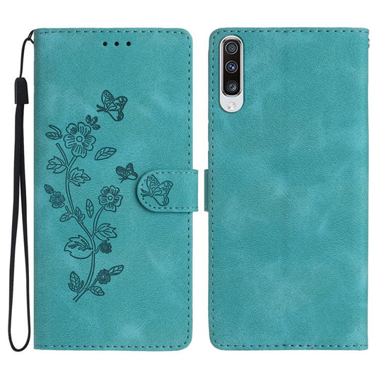 For Samsung Galaxy A70 Flower Imprint Wallet Phone Case Stand Leather Phone Cover - Sky Blue