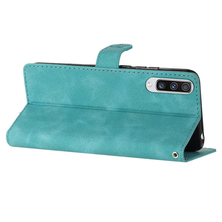 For Samsung Galaxy A70 Flower Imprint Wallet Phone Case Stand Leather Phone Cover - Sky Blue