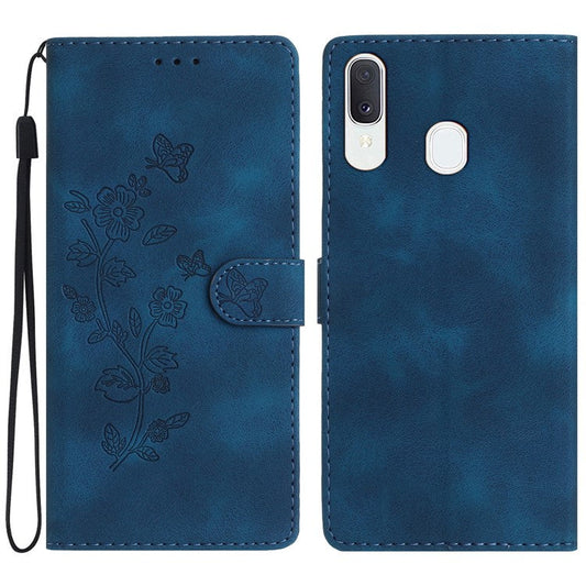 Flower Imprint Wallet Phone Case for Samsung Galaxy A40 PU Leather Stand Shockproof Cover - Blue