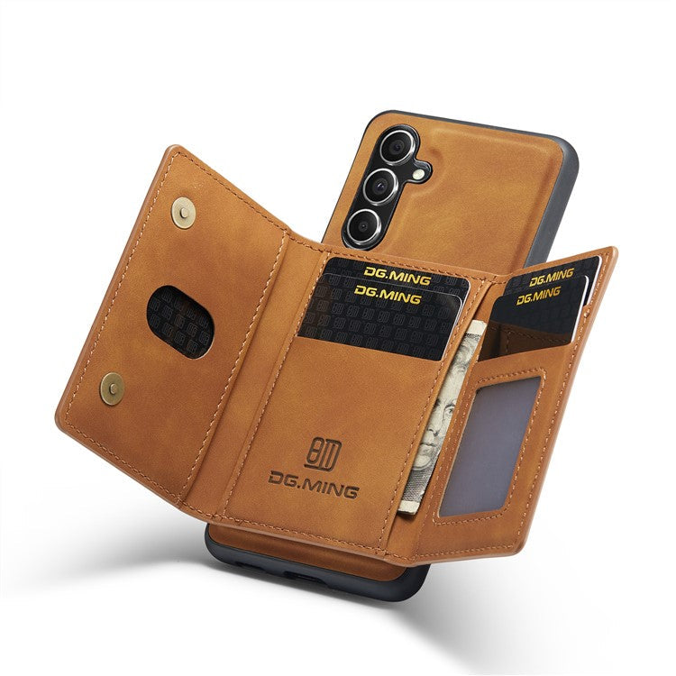 DG.MING M2 Series Detachable Wallet Cover for Samsung Galaxy A14 4G / 5G , PU Leather Coated PC+TPU Kickstand Phone Case - Brown
