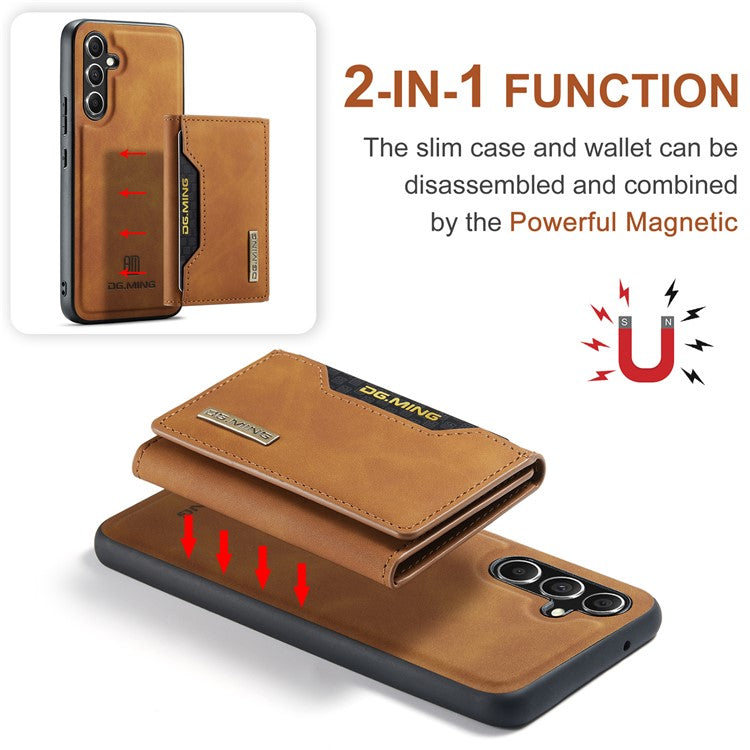 DG.MING M2 Series Detachable Wallet Cover for Samsung Galaxy A14 4G / 5G , PU Leather Coated PC+TPU Kickstand Phone Case - Brown