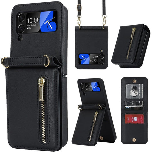 ZD 010 For Samsung Galaxy Z Flip4 5G Protective Phone Case Zippered Wallet PU Leather PC Phone Cover with Strap - Black