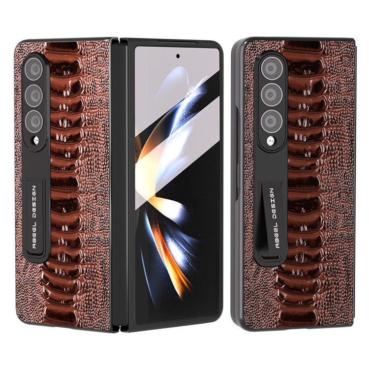 ABEEL For Samsung Galaxy Z Fold4 5G Crocodile Texture Kickstand Cover Genuine Cow Leather+PC Phone Case with Clear Front Screen Film - Brown