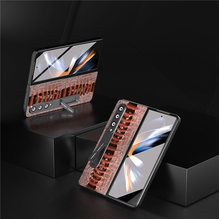 ABEEL For Samsung Galaxy Z Fold4 5G Crocodile Texture Kickstand Cover Genuine Cow Leather+PC Phone Case with Clear Front Screen Film - Brown