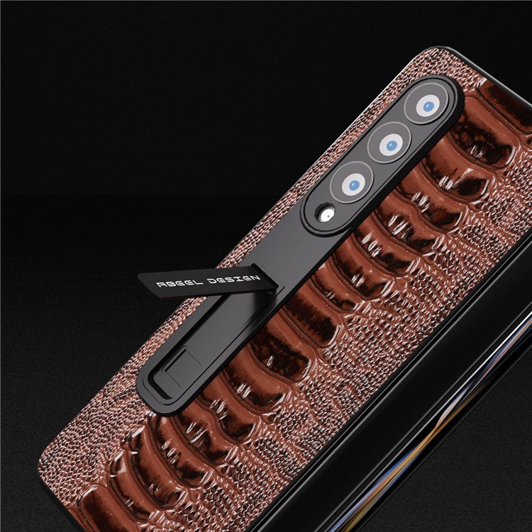 ABEEL For Samsung Galaxy Z Fold4 5G Crocodile Texture Kickstand Cover Genuine Cow Leather+PC Phone Case with Clear Front Screen Film - Brown