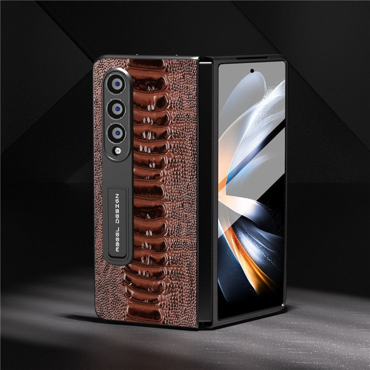 ABEEL For Samsung Galaxy Z Fold4 5G Crocodile Texture Kickstand Cover Genuine Cow Leather+PC Phone Case with Clear Front Screen Film - Brown