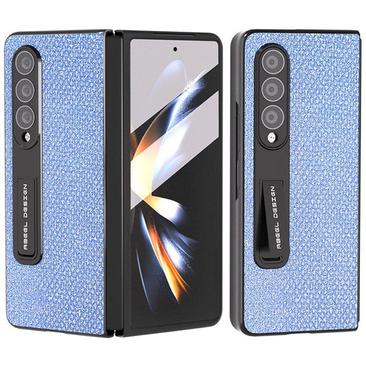 ABEEL For Samsung Galaxy Z Fold4 5G Kickstand Phone Case Rhinestone Texture PU Leather PC Cover with Tempered Glass Film - Blue