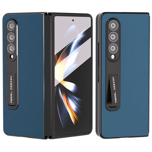 ABEEL For Samsung Galaxy Z Fold4 5G Kickstand Shockproof Cover Cowhide Leather + Hard PC Phone Case with Tempered Glass Film - Blue