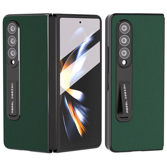 ABEEL For Samsung Galaxy Z Fold4 5G Kickstand Shockproof Cover Cowhide Leather + Hard PC Phone Case with Tempered Glass Film - Green