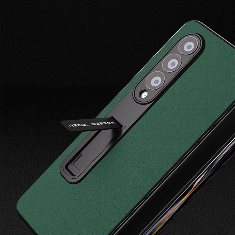 ABEEL For Samsung Galaxy Z Fold4 5G Kickstand Shockproof Cover Cowhide Leather + Hard PC Phone Case with Tempered Glass Film - Green