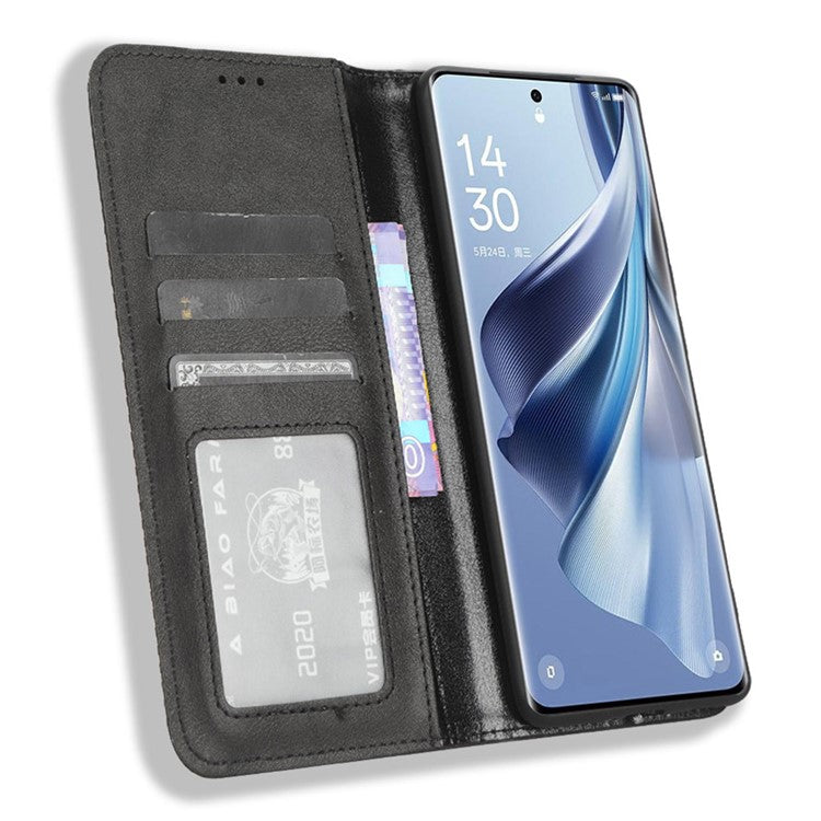 Stand Wallet for Oppo Reno10 Pro+ 5G Anti-fall Retro Mobile Phone Cover PU Leather Magnetic Case - Black