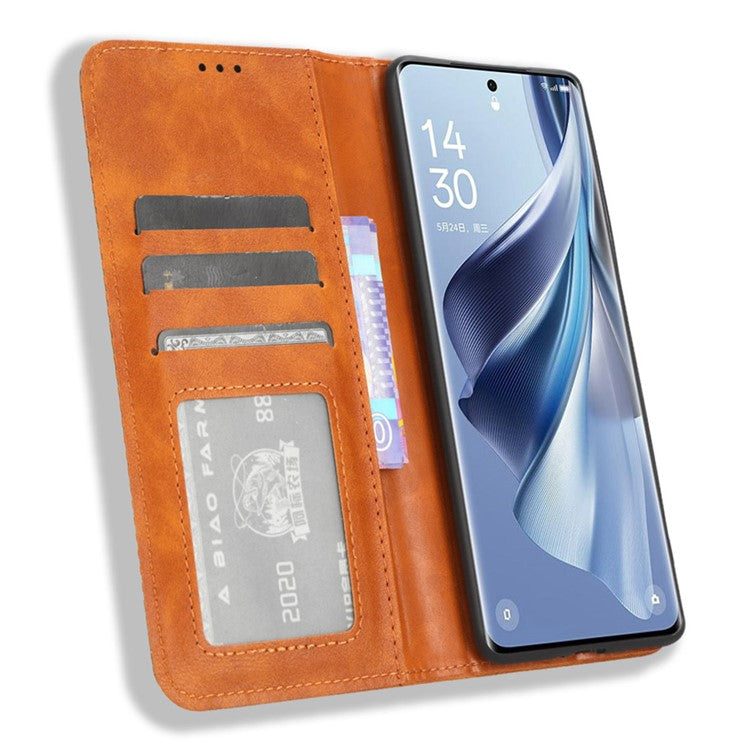 Stand Wallet for Oppo Reno10 Pro+ 5G Anti-fall Retro Mobile Phone Cover PU Leather Magnetic Case - Brown