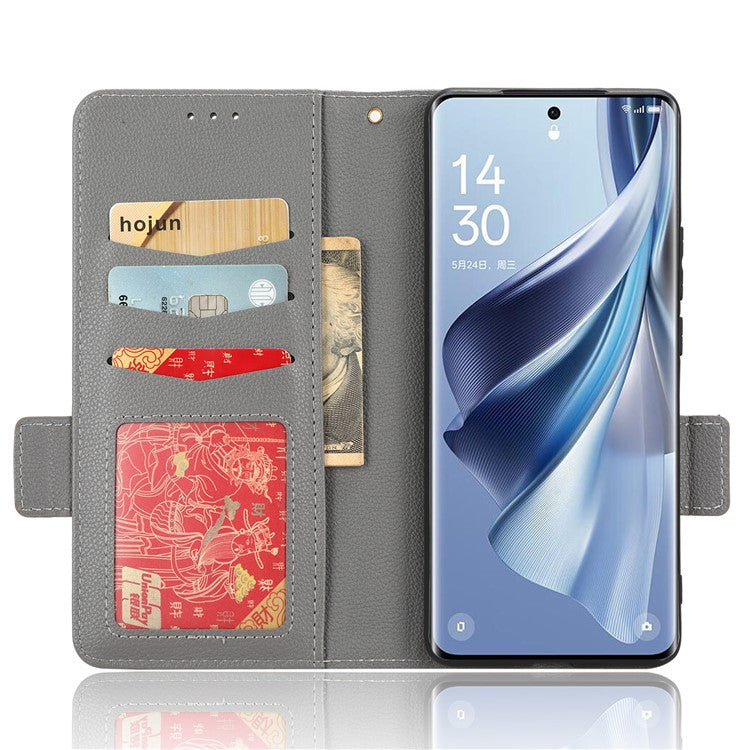 Leather Case for Oppo Reno10 Pro+ 5G , Wallet Stand Anti-fall Litchi Texture Cell Phone Cover - Grey