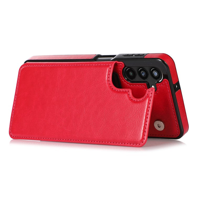 For Samsung Galaxy A13 5G Dual Magnetic Buttons Card Slots Kickstand Cover Leather Coated TPU Phone Case - Rose