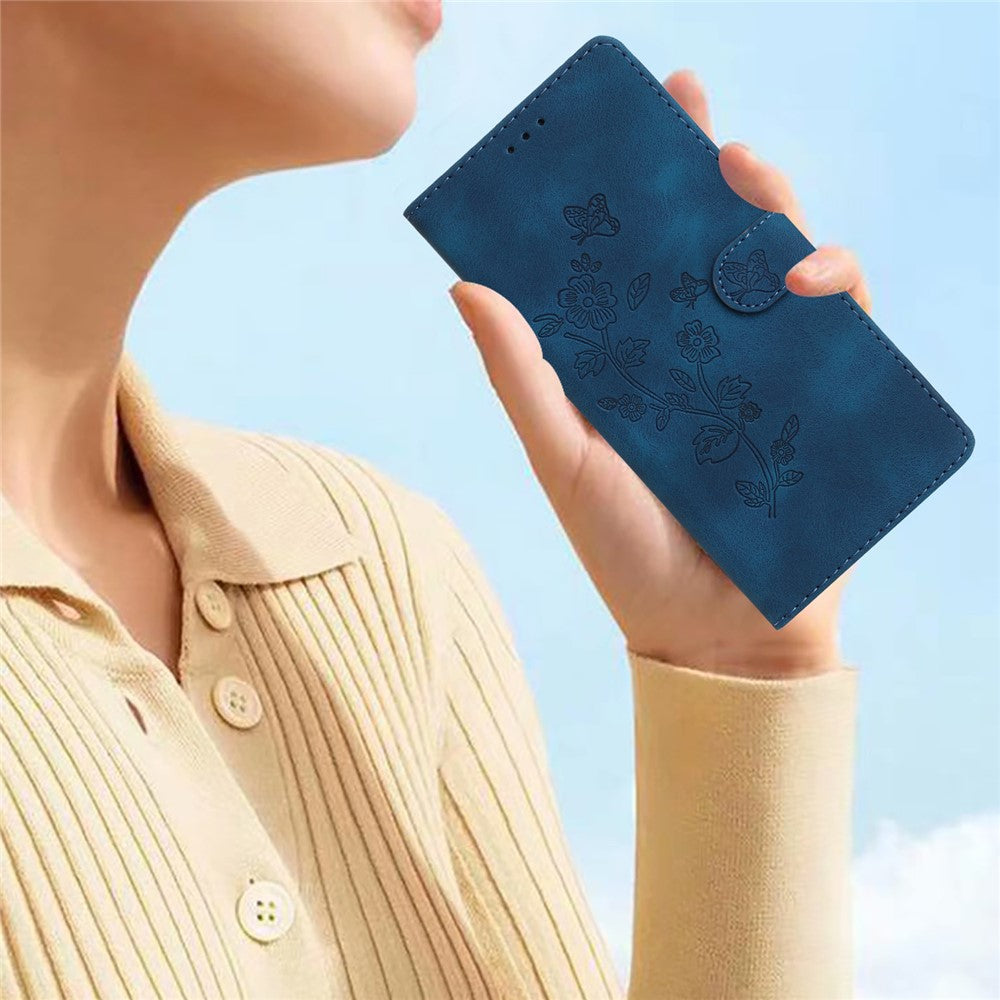 For Samsung Galaxy M53 5G Anti-drop Phone Case Imprinted Flower Wallet Stand Leather Cellphone Cover - Blue