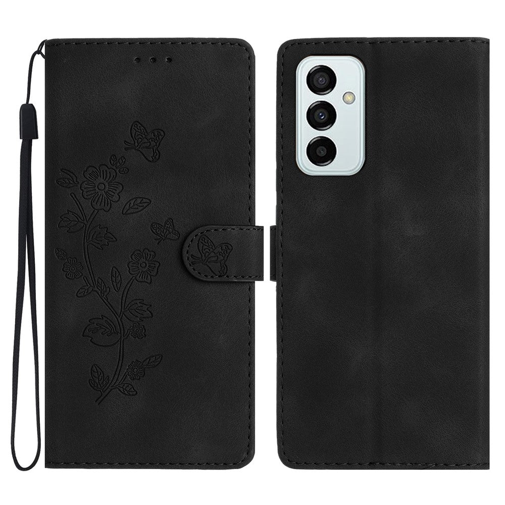 For Samsung Galaxy M52 5G Anti-drop Imprinted Flower Phone Case Wallet Stand Leather Cover - Black