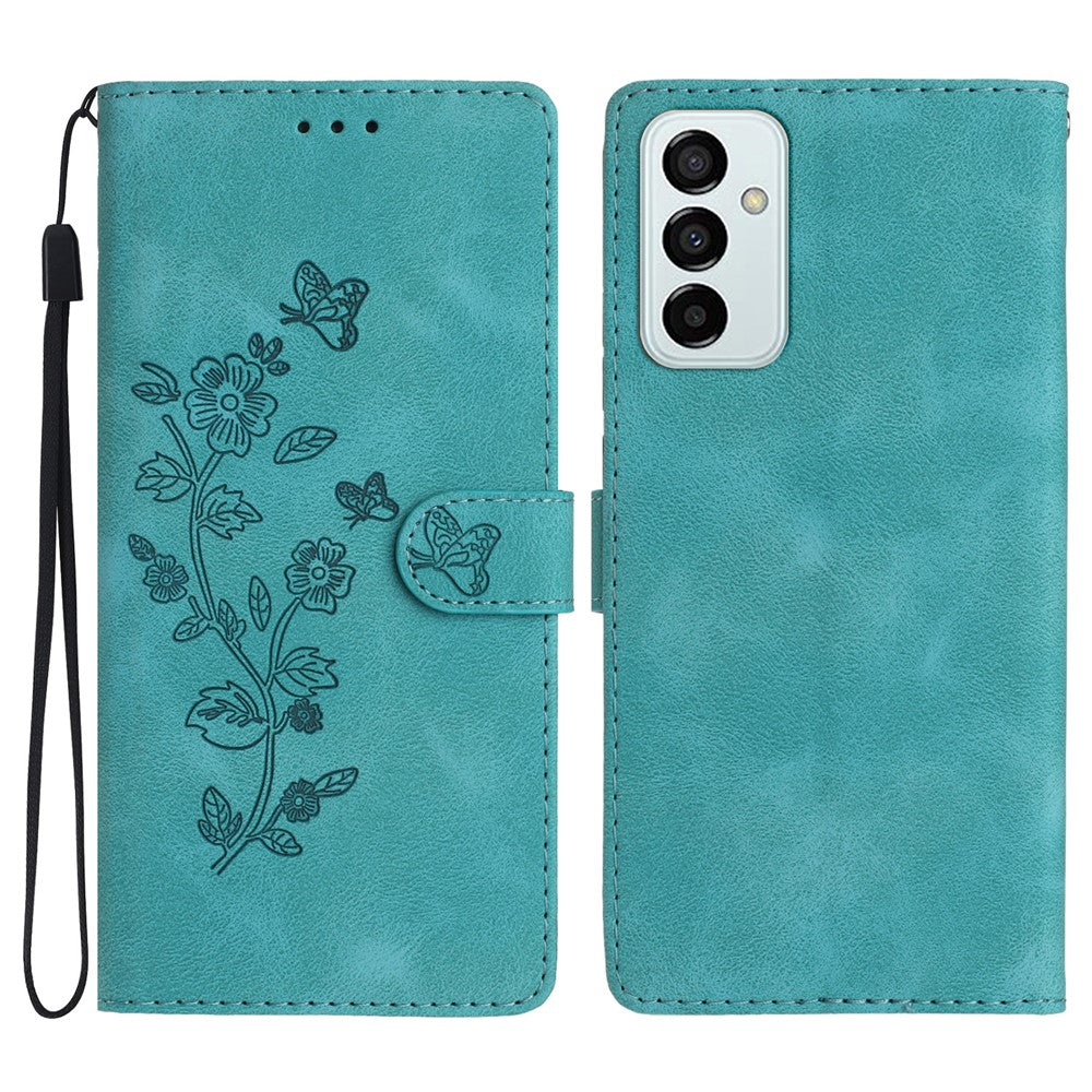 For Samsung Galaxy M52 5G Anti-drop Imprinted Flower Phone Case Wallet Stand Leather Cover - Sky Blue