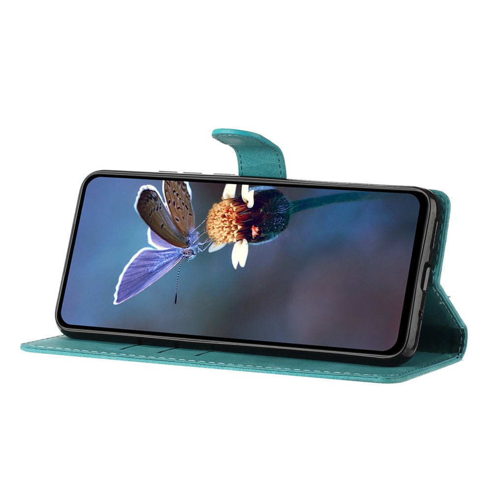 For Samsung Galaxy M52 5G Anti-drop Imprinted Flower Phone Case Wallet Stand Leather Cover - Sky Blue