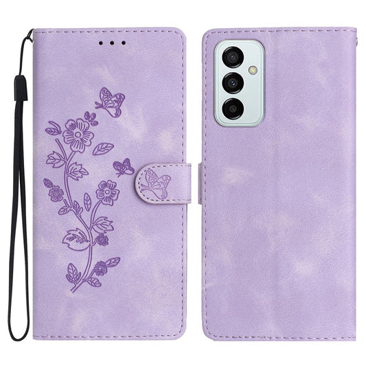 For Samsung Galaxy M52 5G Anti-drop Imprinted Flower Phone Case Wallet Stand Leather Cover - Purple