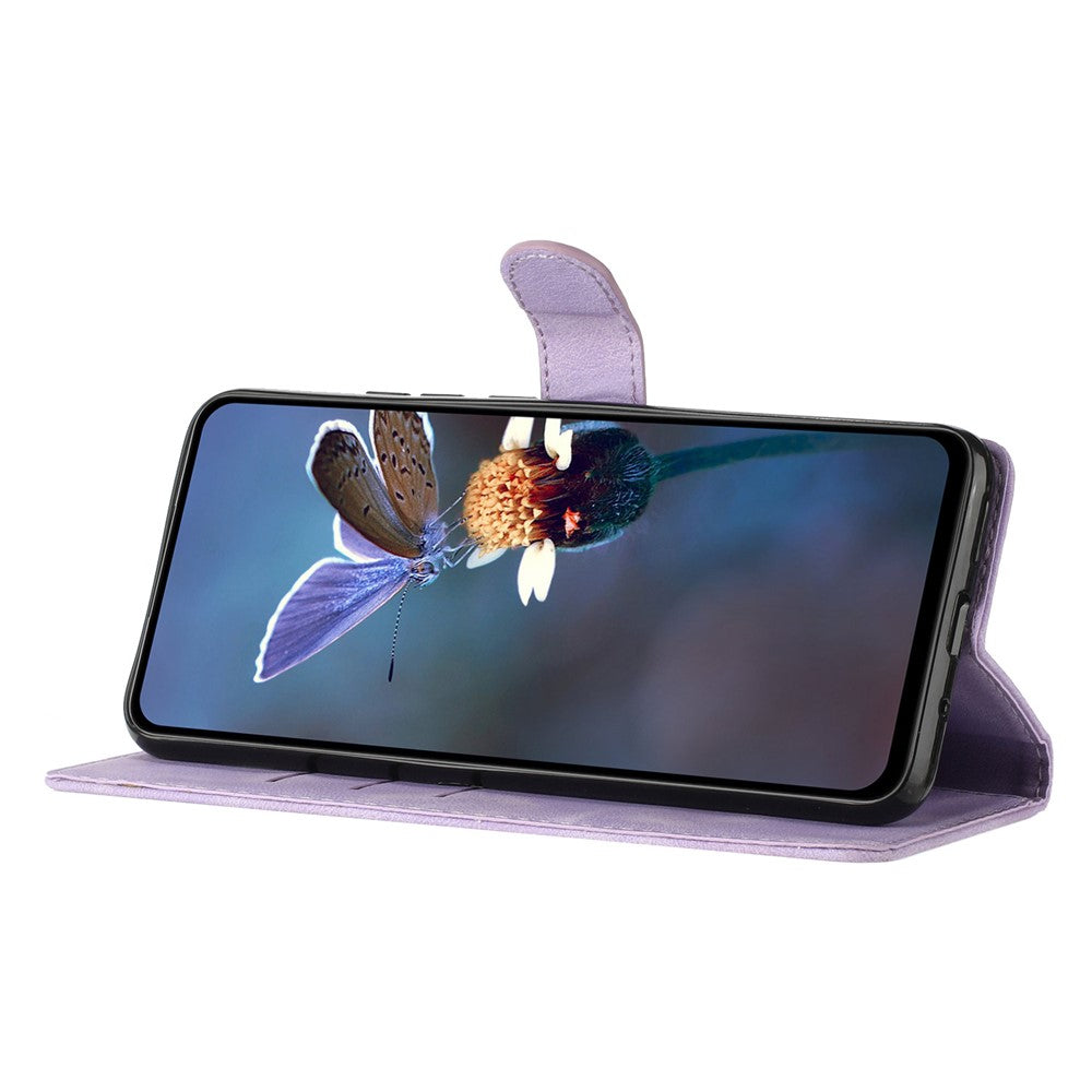 For Samsung Galaxy M52 5G Anti-drop Imprinted Flower Phone Case Wallet Stand Leather Cover - Purple
