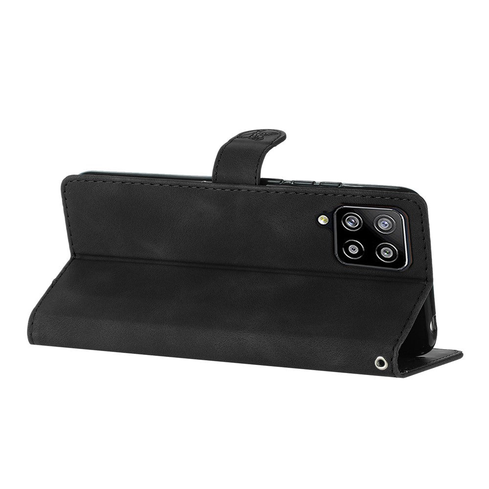 Leather Cellphone Cover for Samsung Galaxy M32 (Global Version) 4G Imprinted Flower Wallet Stand Phone Case - Black
