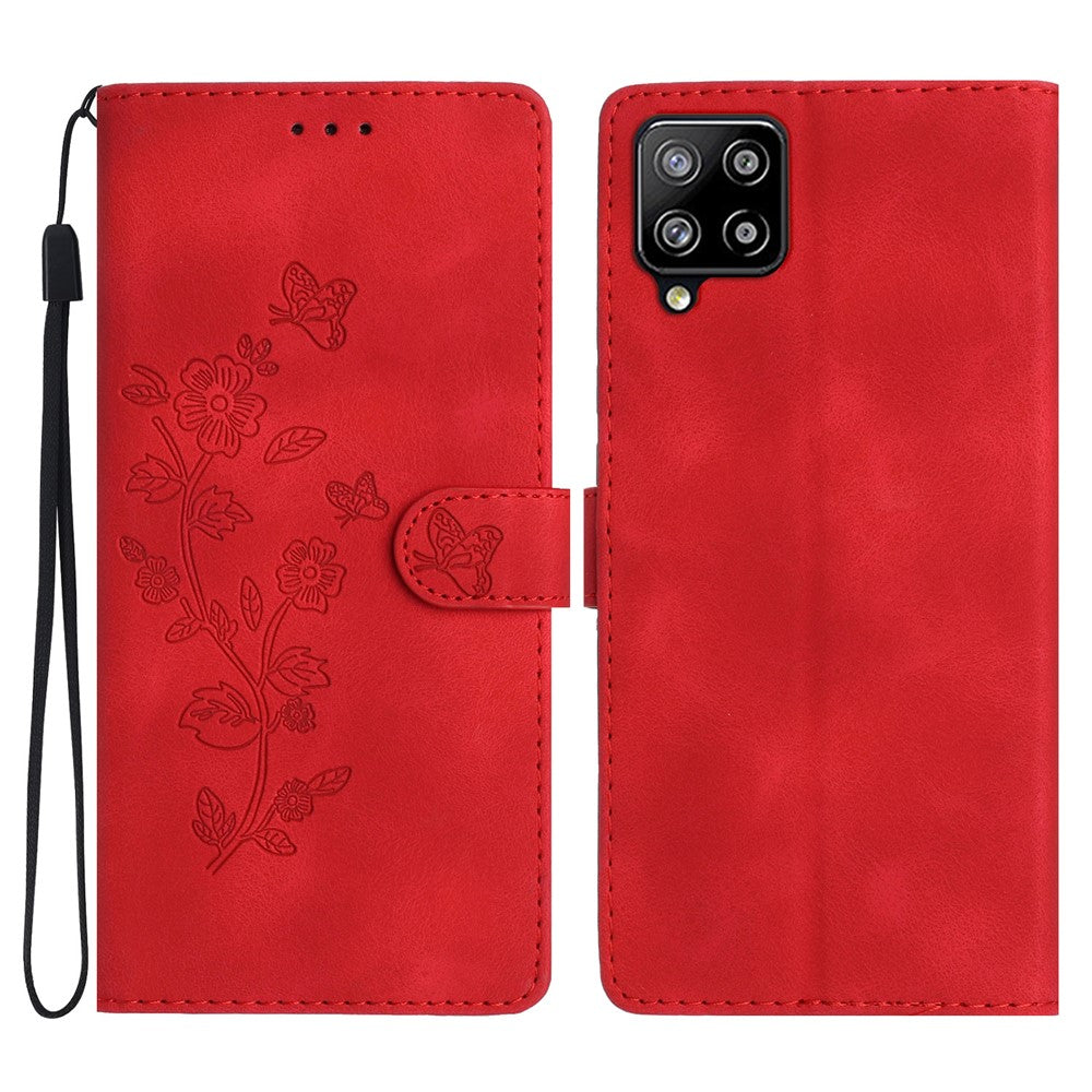 Leather Cellphone Cover for Samsung Galaxy M32 (Global Version) 4G Imprinted Flower Wallet Stand Phone Case - Red