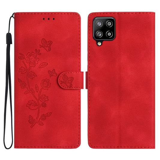 Leather Cellphone Cover for Samsung Galaxy M32 (Global Version) 4G Imprinted Flower Wallet Stand Phone Case - Red