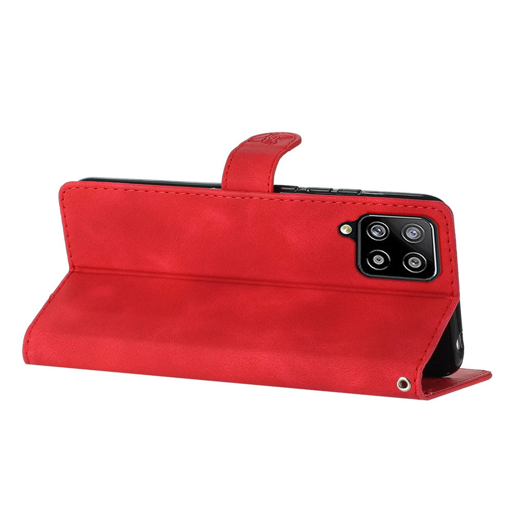 Leather Cellphone Cover for Samsung Galaxy M32 (Global Version) 4G Imprinted Flower Wallet Stand Phone Case - Red