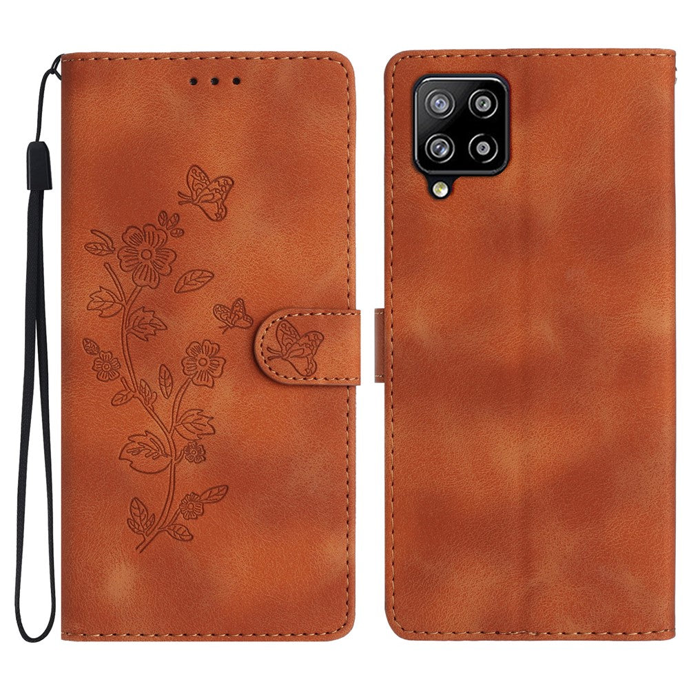 Leather Cellphone Cover for Samsung Galaxy M32 (Global Version) 4G Imprinted Flower Wallet Stand Phone Case - Brown