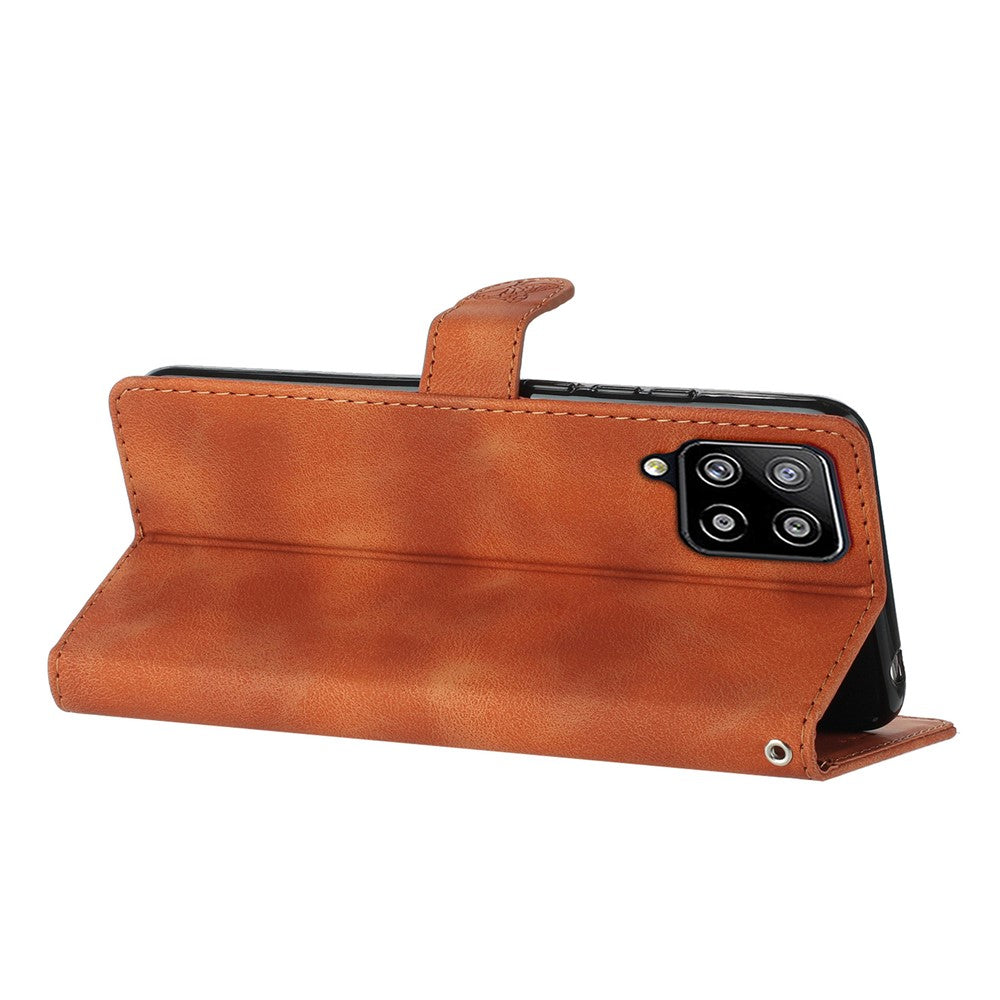 Leather Cellphone Cover for Samsung Galaxy M32 (Global Version) 4G Imprinted Flower Wallet Stand Phone Case - Brown