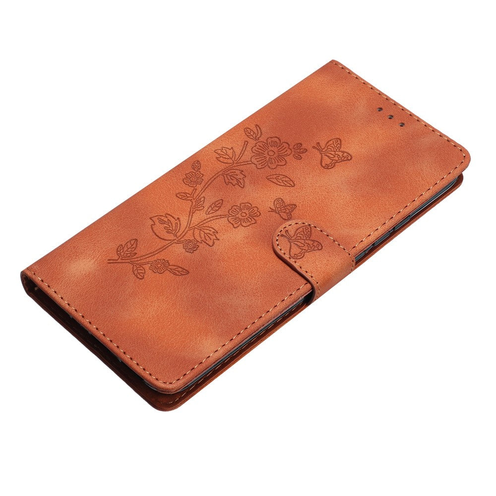 Leather Cellphone Cover for Samsung Galaxy M32 (Global Version) 4G Imprinted Flower Wallet Stand Phone Case - Brown