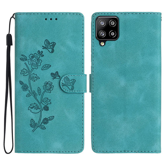 Leather Cellphone Cover for Samsung Galaxy M32 (Global Version) 4G Imprinted Flower Wallet Stand Phone Case - Sky Blue