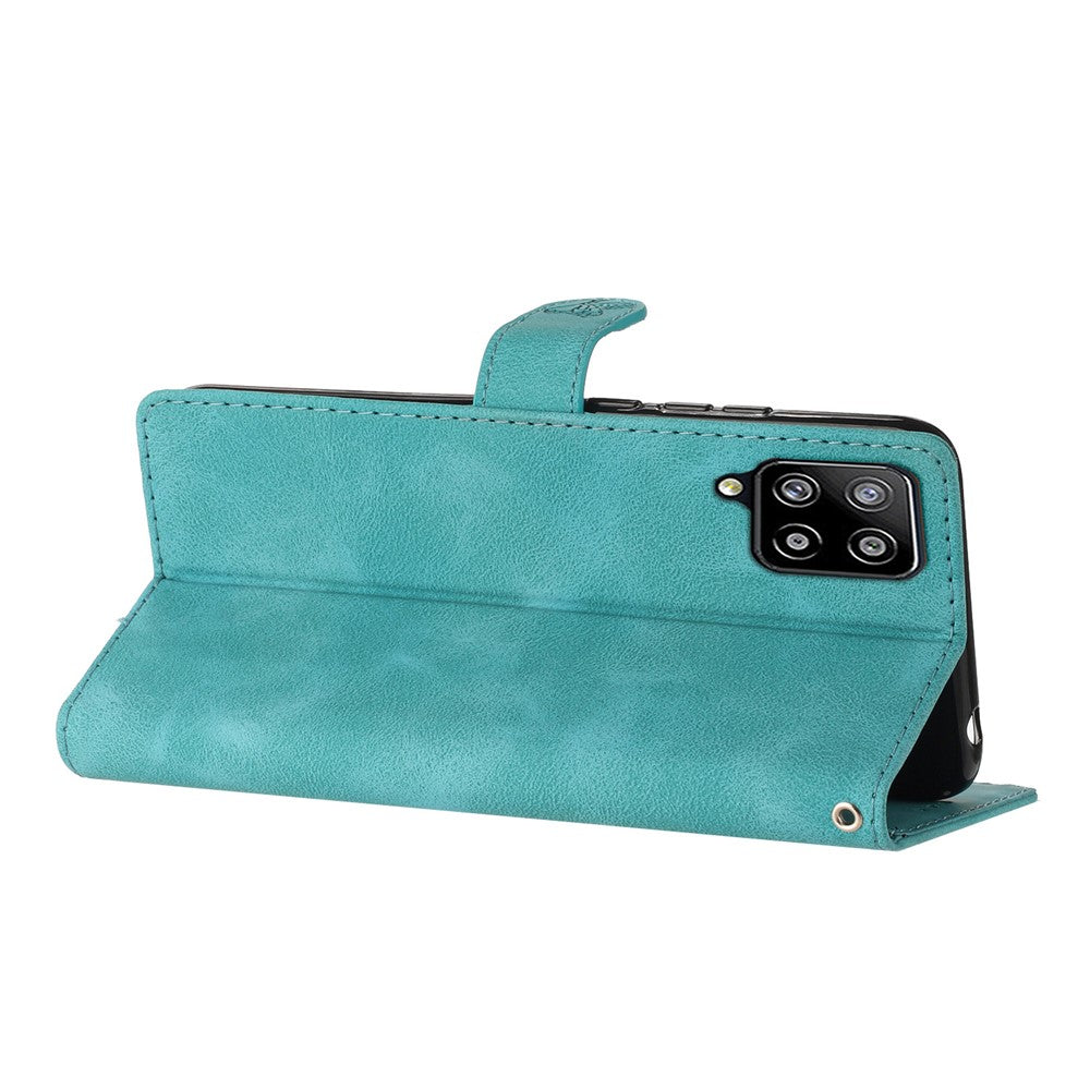 Leather Cellphone Cover for Samsung Galaxy M32 (Global Version) 4G Imprinted Flower Wallet Stand Phone Case - Sky Blue