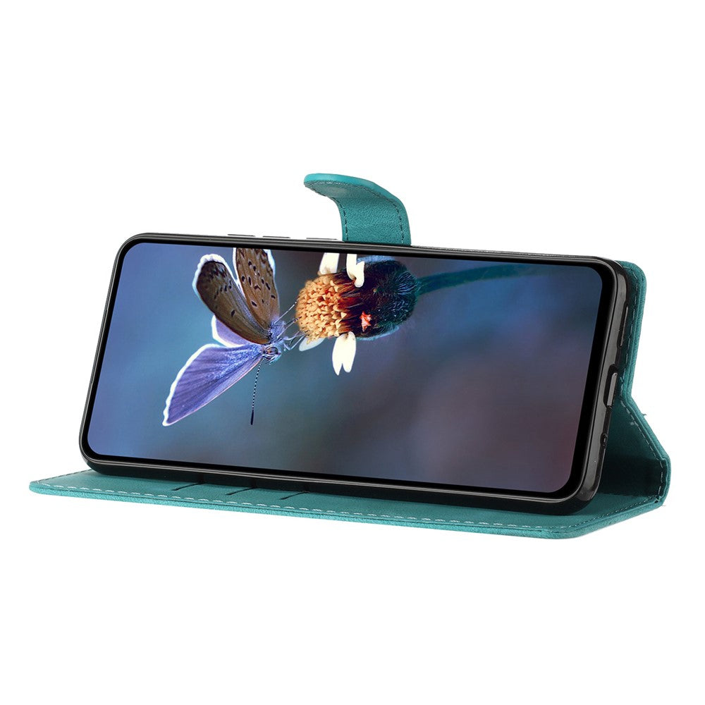 Leather Cellphone Cover for Samsung Galaxy M32 (Global Version) 4G Imprinted Flower Wallet Stand Phone Case - Sky Blue