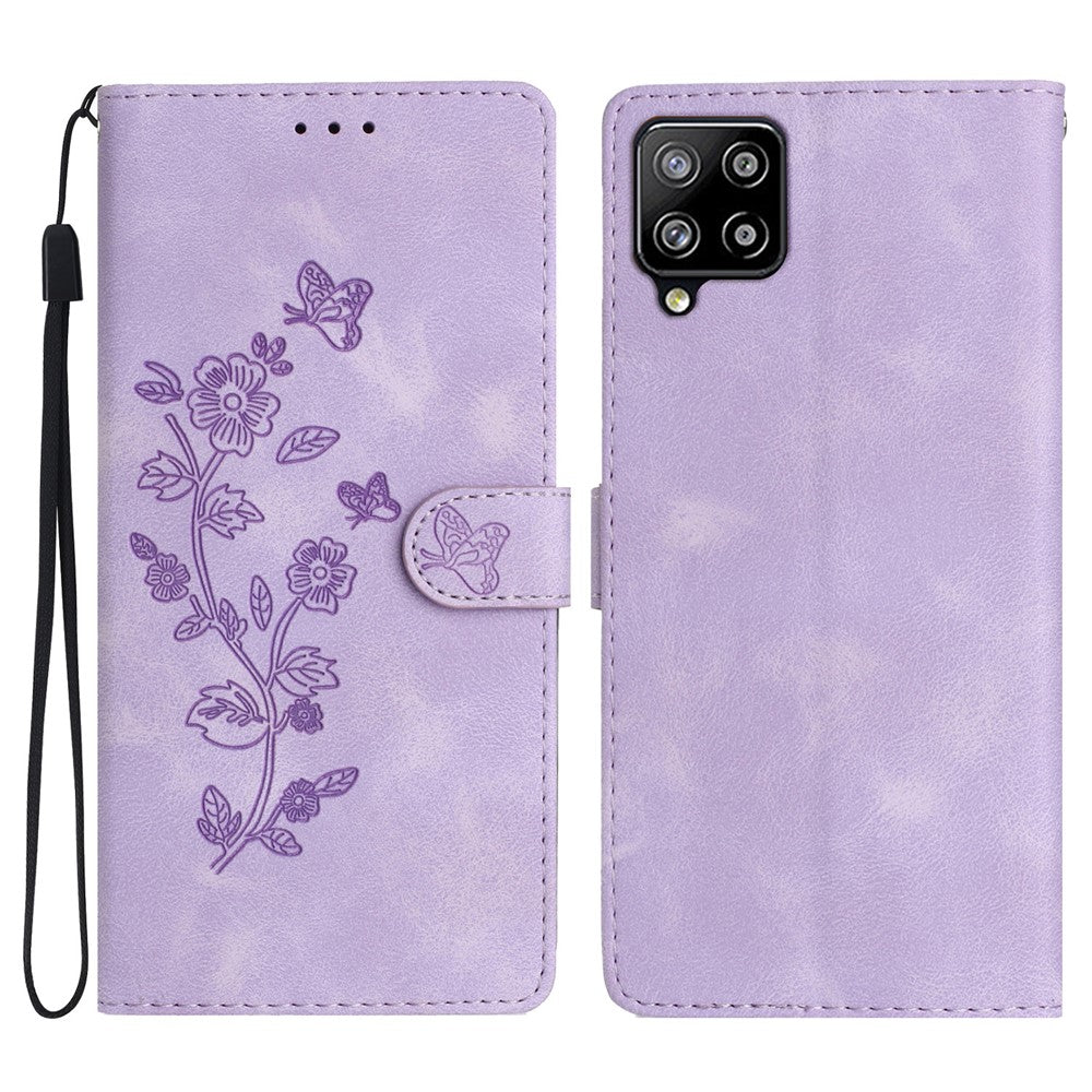 Leather Cellphone Cover for Samsung Galaxy M32 (Global Version) 4G Imprinted Flower Wallet Stand Phone Case - Purple