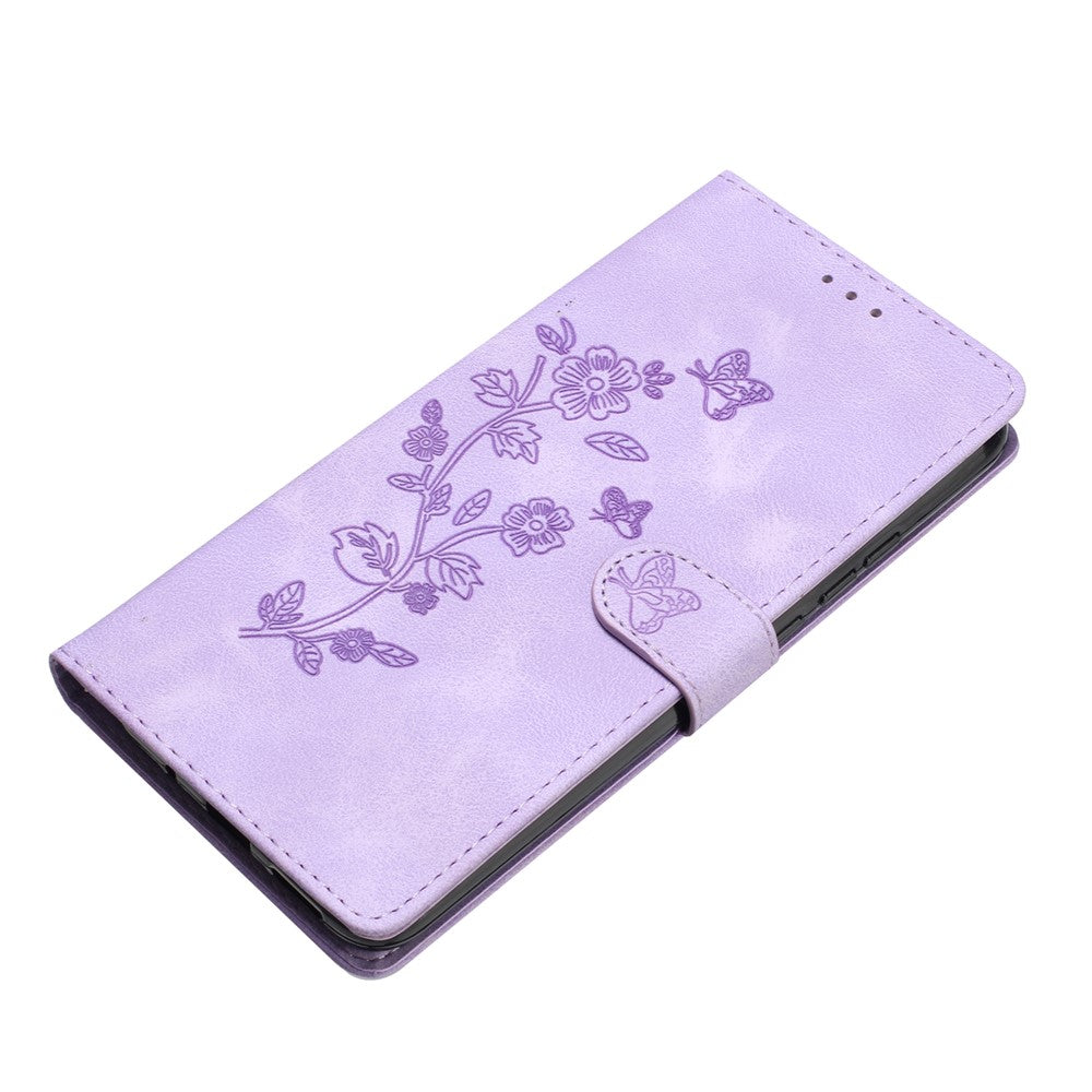 Leather Cellphone Cover for Samsung Galaxy M32 (Global Version) 4G Imprinted Flower Wallet Stand Phone Case - Purple