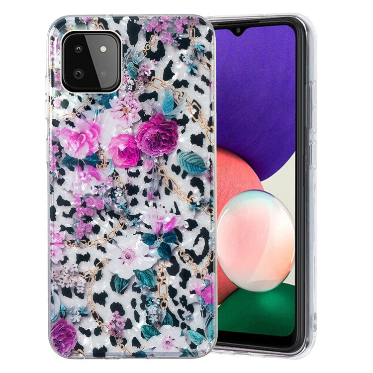 For Samsung Galaxy A22 5G (EU Version) Phone Cover Marble Flower Shell Pattern IMD Phone TPU Case - Leopard and Flower