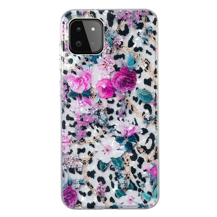 For Samsung Galaxy A22 5G (EU Version) Phone Cover Marble Flower Shell Pattern IMD Phone TPU Case - Leopard and Flower