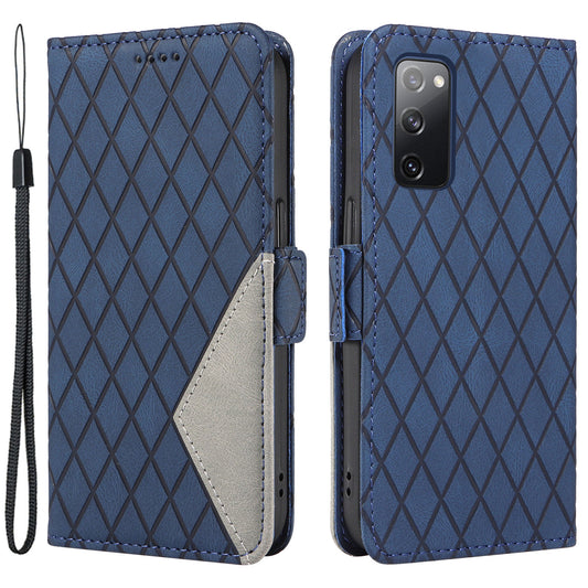 For Samsung Galaxy S20 FE / S20 FE 5G / S20 FE 2022 / S20 Lite Color Splicing Leather Case Rhombus Imprinted Wallet Stand Phone Cover - Blue