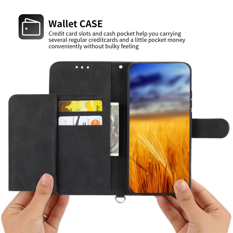 Anti-Drop PU Leather Case for Honor X40i 5G Imprinted Flower Skin-Touch Wallet Phone Cover with Strap - Black