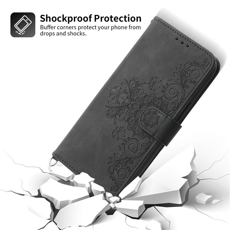 Anti-Drop PU Leather Case for Honor X40i 5G Imprinted Flower Skin-Touch Wallet Phone Cover with Strap - Black