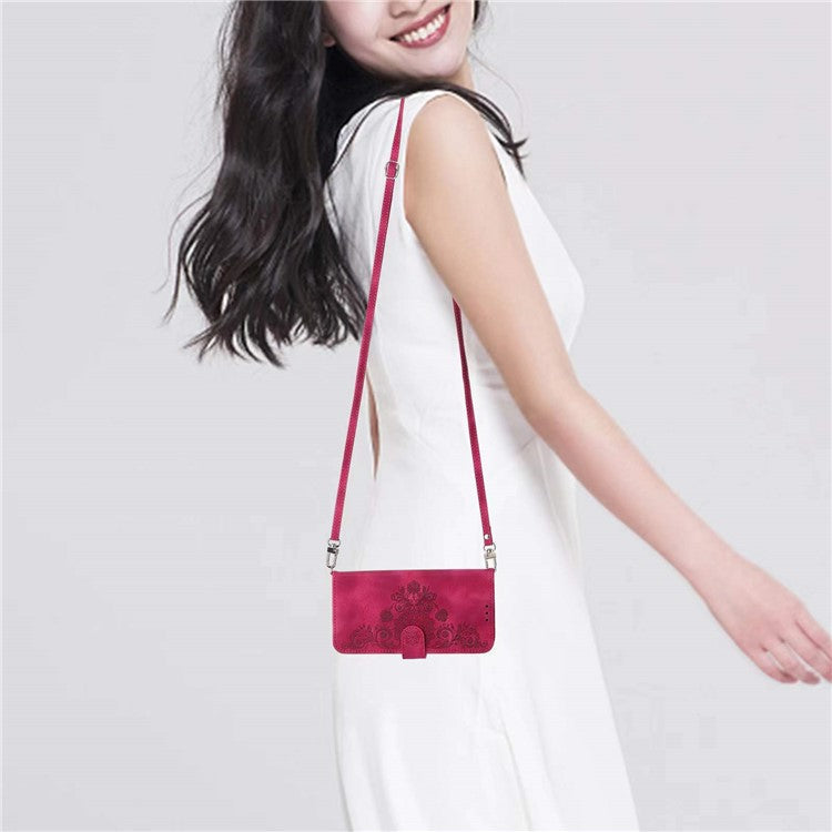 Anti-Drop PU Leather Case for Honor X40i 5G Imprinted Flower Skin-Touch Wallet Phone Cover with Strap - Wine Red